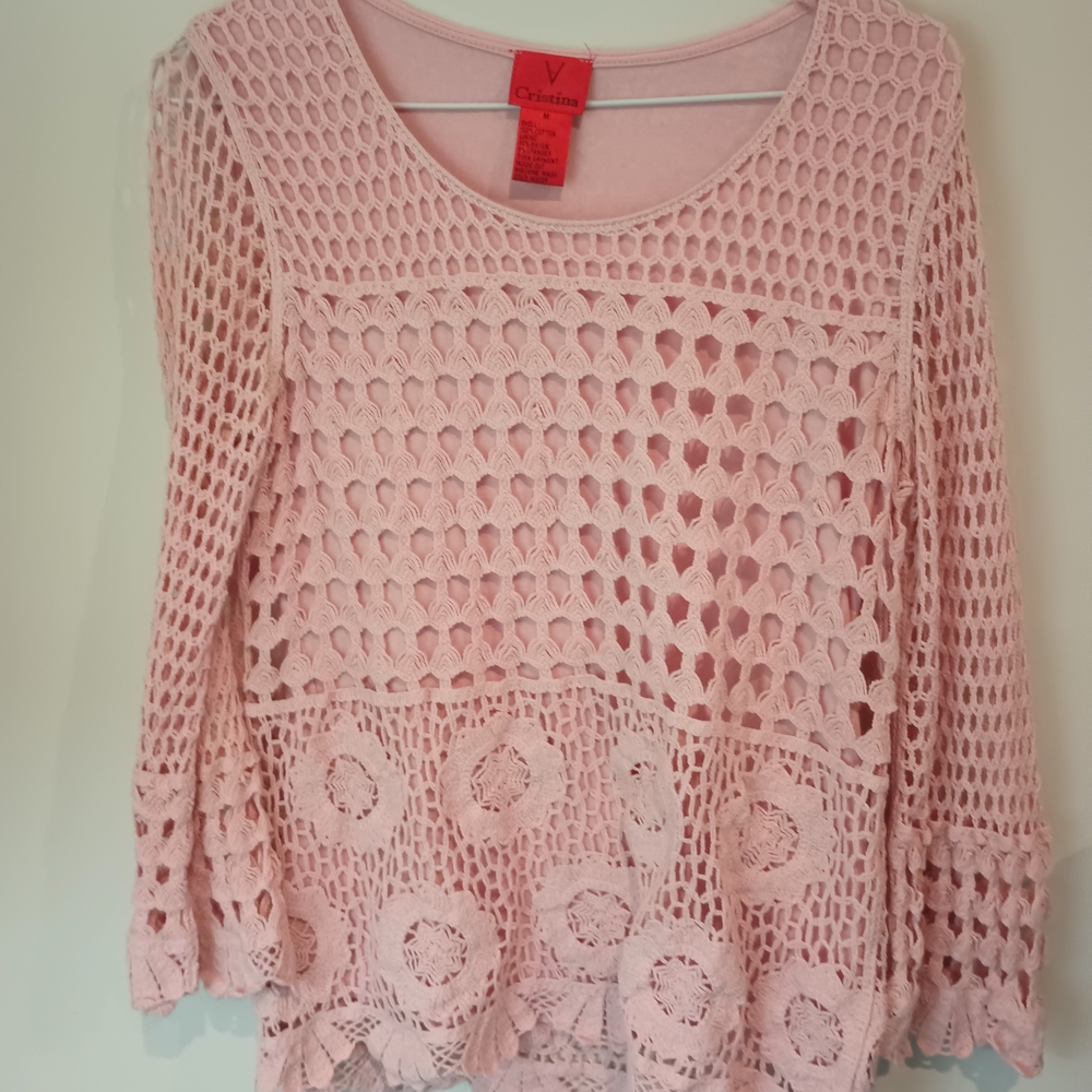Chic Light Pink Crochet Blouse by Clovia